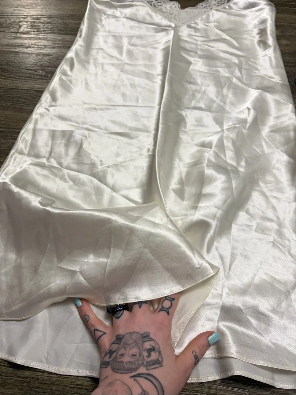 90s/Y2K European Vintage Satin Mini Slip Dress Lace Trim (Ivory) Size Medium